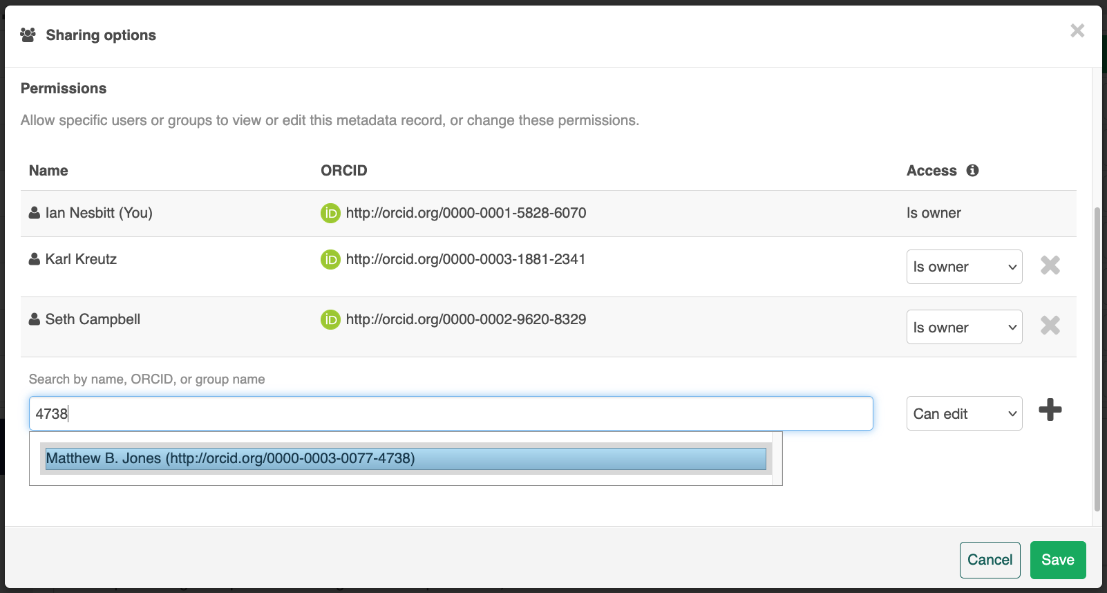 Image showing a search by ORCiD number in the access control dialog box