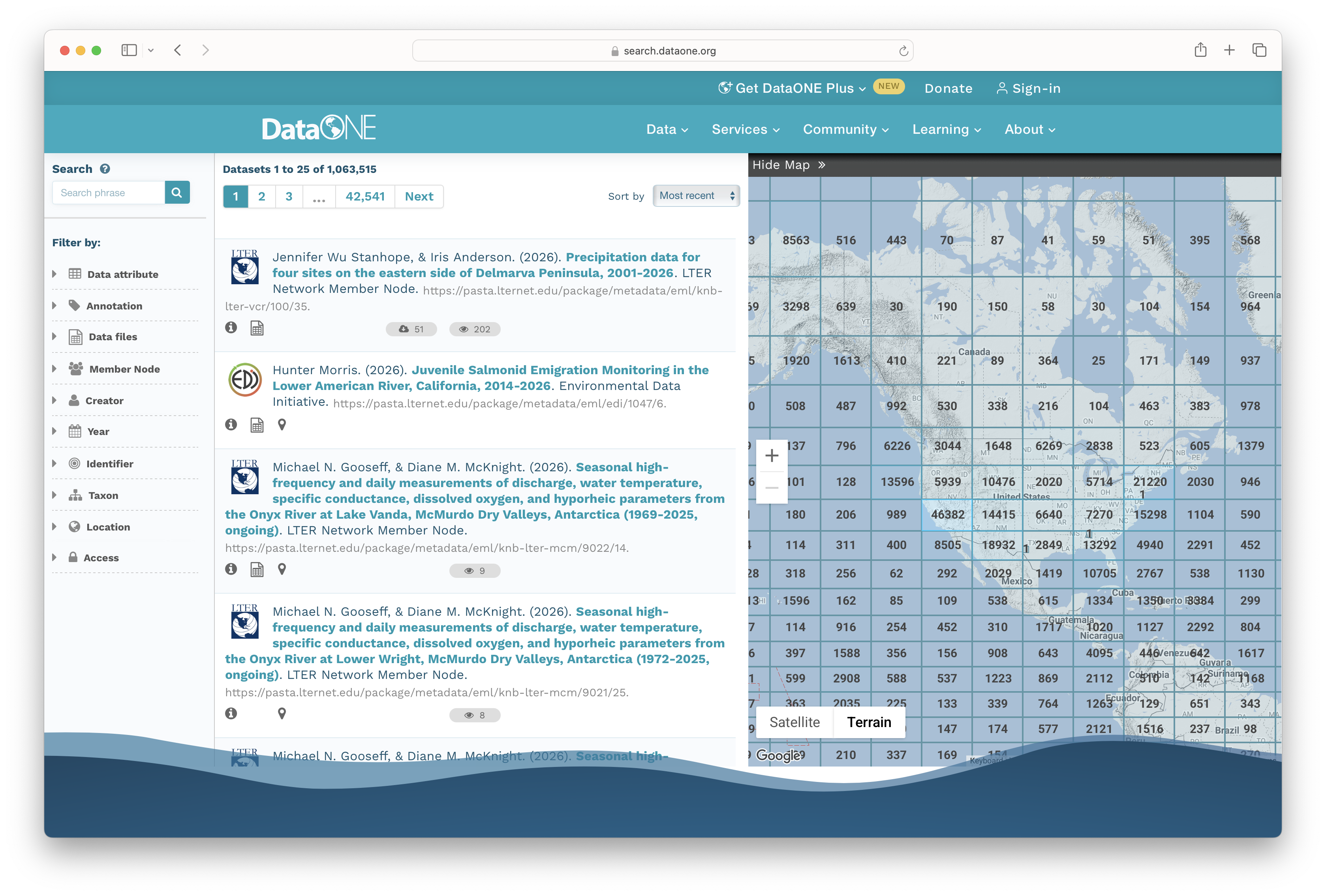 Screenshot of a DataONE catalog search showing over 1 million datasets, with an interactive map of dataset counts by region