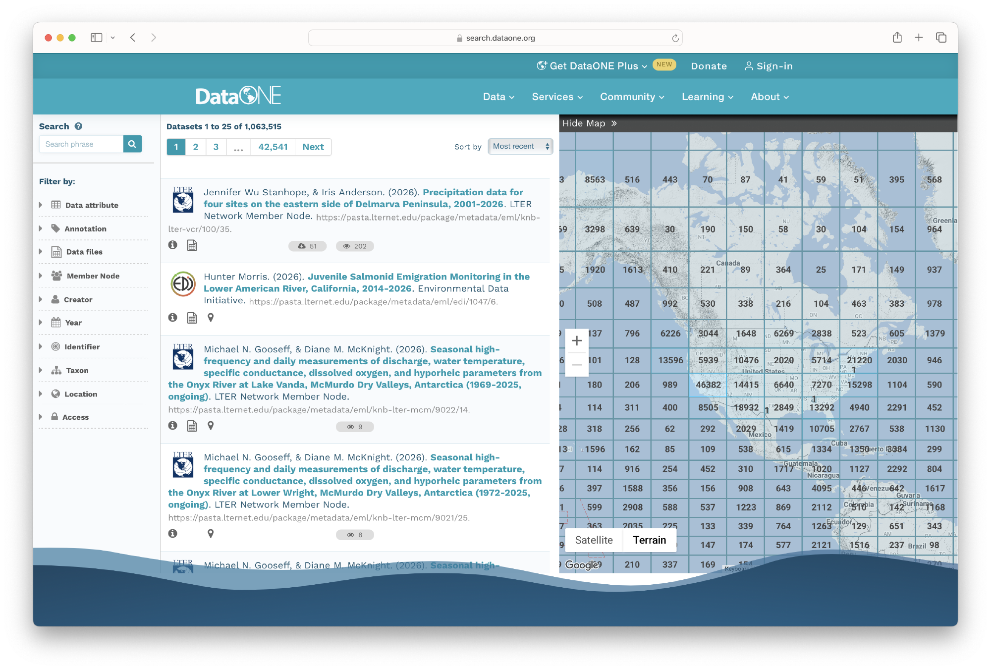 Screenshot of a DataONE catalog search showing over 1 million datasets, with an interactive map of dataset counts by region